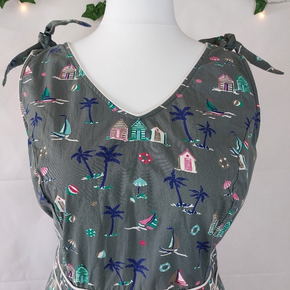 Debenhams Beach Hut Palm Print 100% Cotton Sleeveless Green Unique Dress Size 16 - Picture 2 of 11
